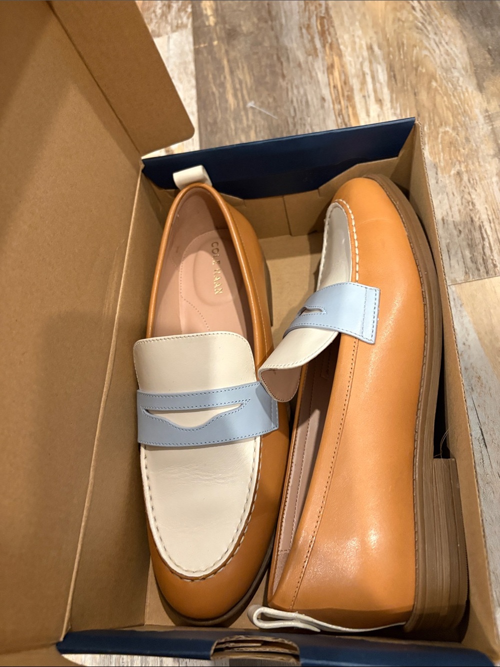Cole Haan Two-Tone Tan, Cream & Light Blue Leather Penny Loafers